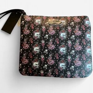 Ed Hardy Black and Pink Skull and Rose Print Clutch Zipper Pouch